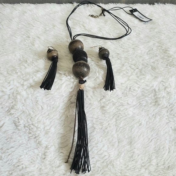 Wood Beaded Tan Black Bronze Chunky Necklace Earring Set NWT - Picture 1 of 12
